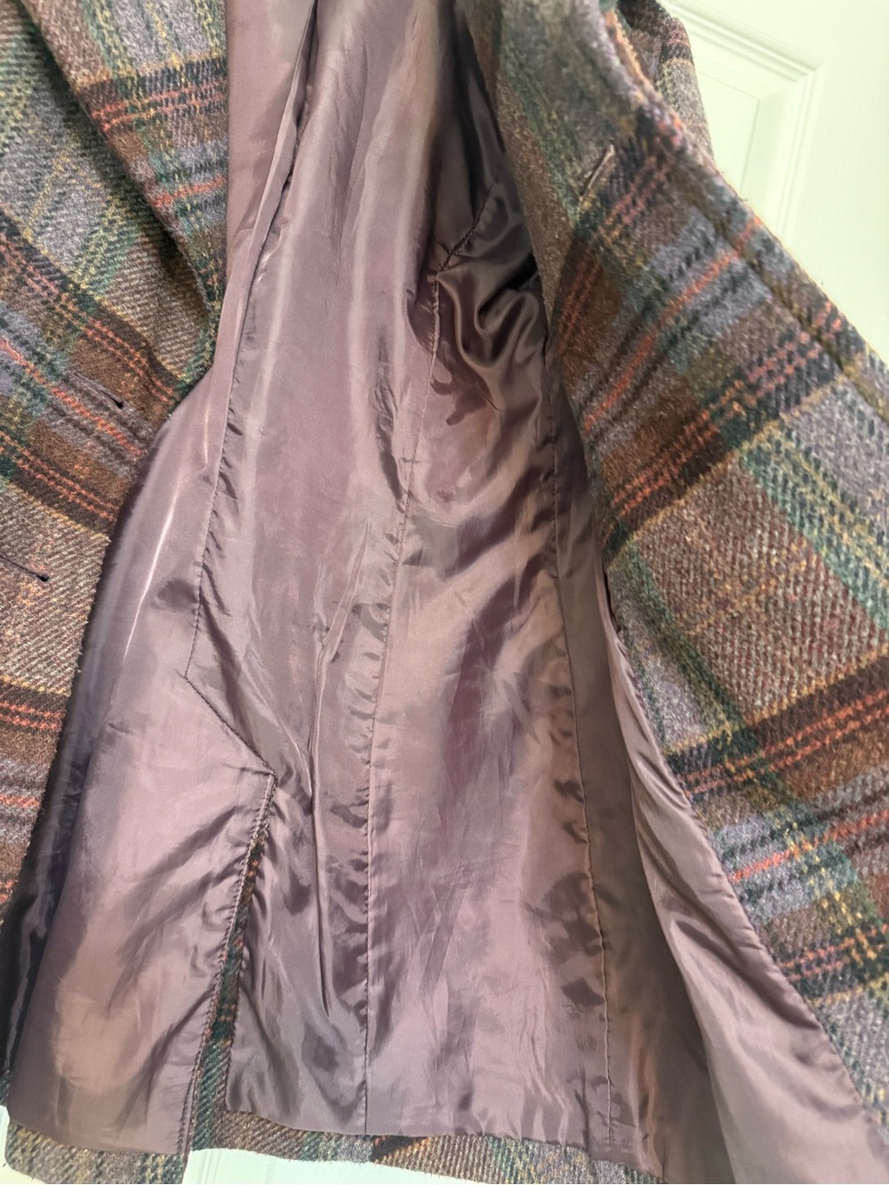 Moda International Wool Plaid Double-Breasted Peacoat in Plum/Brown - Picture 8 of 9